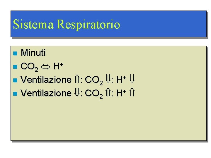 Sistema Respiratorio Minuti n CO 2 H+ n Ventilazione : CO 2 : H+