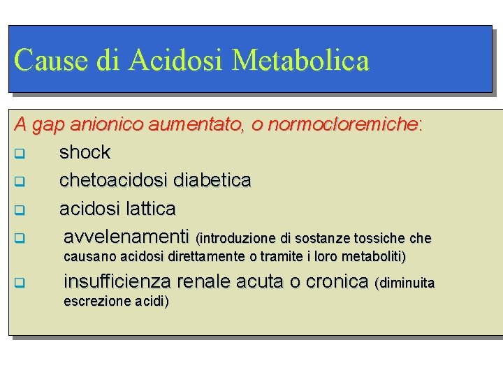 Cause di Acidosi Metabolica A gap anionico aumentato, o normocloremiche: q shock q chetoacidosi