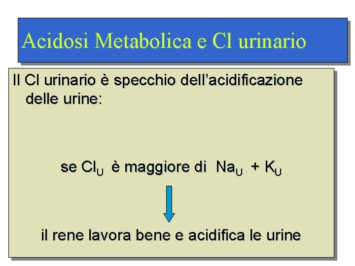 Acidosi Metabolica e Cl urinario Il Cl urinario è specchio dell’acidificazione delle urine: se