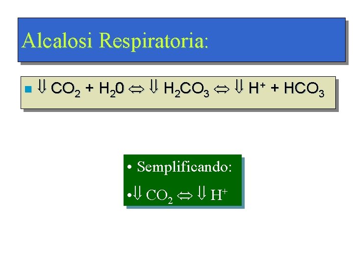 Alcalosi Respiratoria: n CO 2 + H 20 H 2 CO 3 H+ +