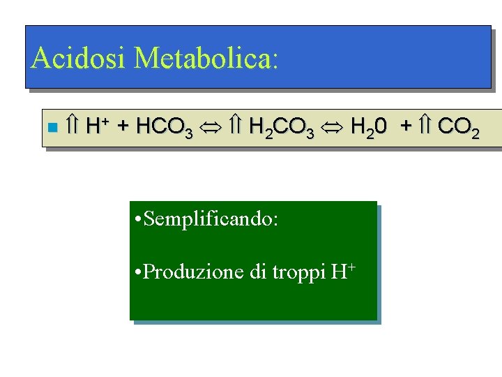Acidosi Metabolica: n H+ + HCO 3 H 2 CO 3 H 20 +