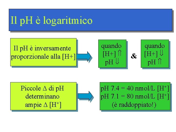 Il p. H è logaritmico Il p. H è inversamente proporzionale alla [H+] Piccole