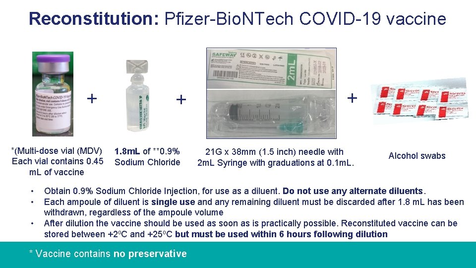 Reconstitution: Pfizer-Bio. NTech COVID-19 vaccine + *(Multi-dose vial (MDV) Each vial contains 0. 45