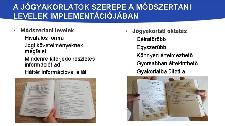 A JÓGYAKORLATOK SZEREPE A MÓDSZERTANI LEVELEK IMPLEMENTÁCIÓJÁBAN • Módszertani levelek Hivatalos forma Jogi követelményeknek