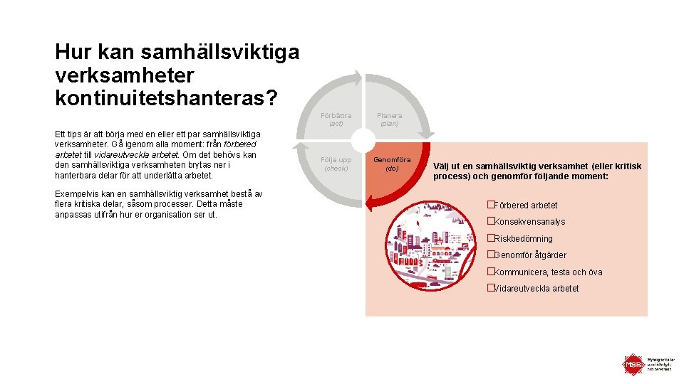 Hur kan samhällsviktiga verksamheter kontinuitetshanteras? Förbättra (act) Ett tips är att börja med en