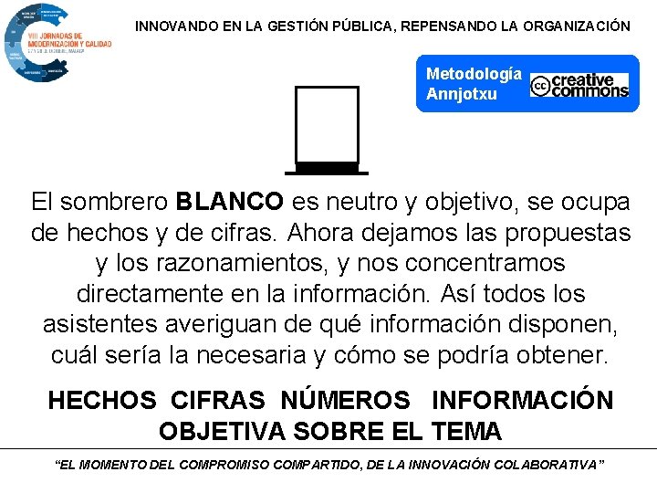 INNOVANDO EN LA GESTIÓN PÚBLICA, REPENSANDO LA ORGANIZACIÓN Metodología Annjotxu El sombrero BLANCO es