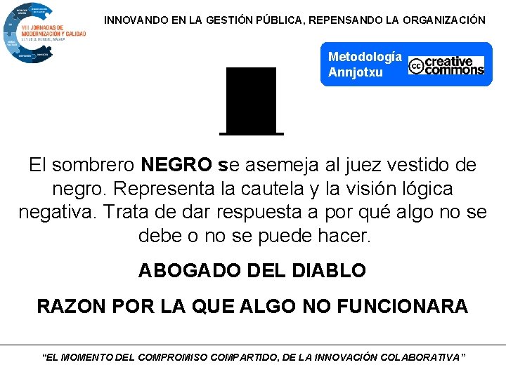 INNOVANDO EN LA GESTIÓN PÚBLICA, REPENSANDO LA ORGANIZACIÓN Metodología Annjotxu El sombrero NEGRO se