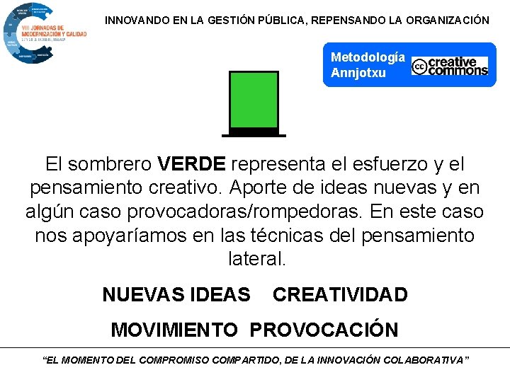 INNOVANDO EN LA GESTIÓN PÚBLICA, REPENSANDO LA ORGANIZACIÓN Metodología Annjotxu El sombrero VERDE representa