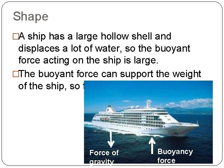 Shape �A ship has a large hollow shell and displaces a lot of water,