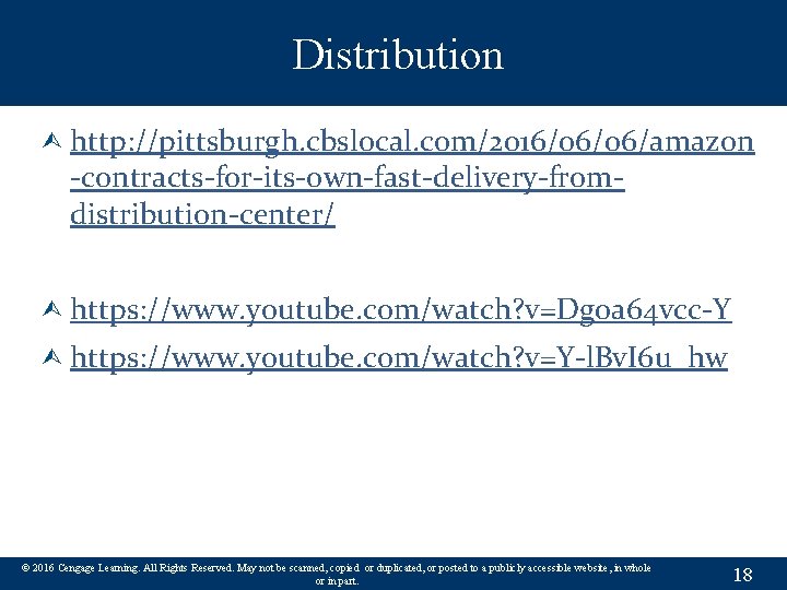 Distribution Ù http: //pittsburgh. cbslocal. com/2016/06/06/amazon -contracts-for-its-own-fast-delivery-fromdistribution-center/ Ù https: //www. youtube. com/watch? v=Dg 0