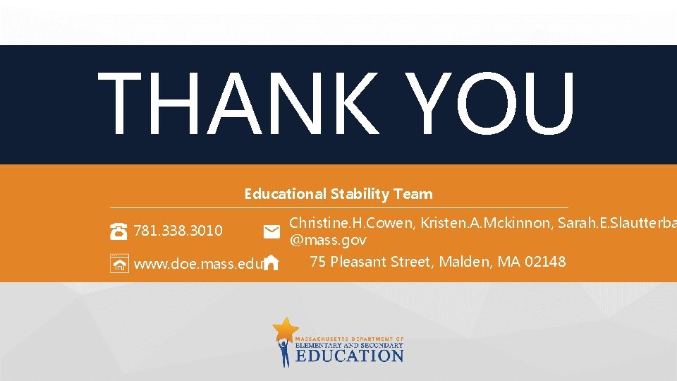 THANK YOU Educational Stability Team 781. 338. 3010 www. doe. mass. edu Christine. H.
