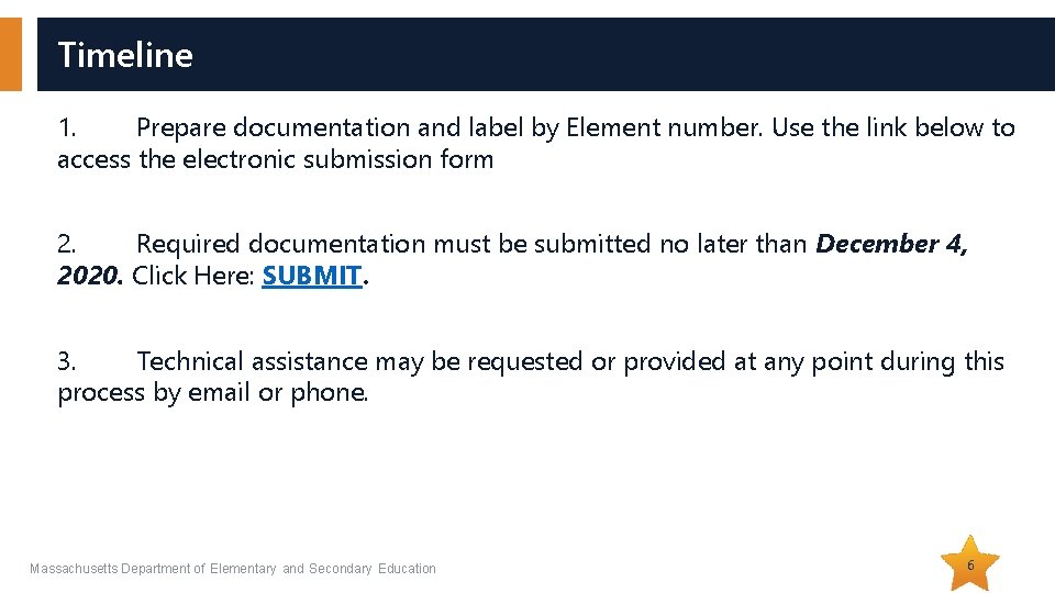 Timeline 1. Prepare documentation and label by Element number. Use the link below to