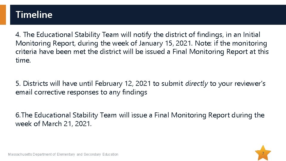 Timeline 4. The Educational Stability Team will notify the district of findings, in an