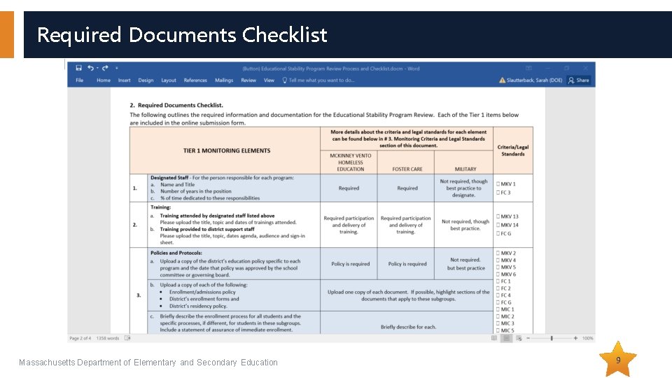 Required Documents Checklist Massachusetts Department of Elementary and Secondary Education 9 