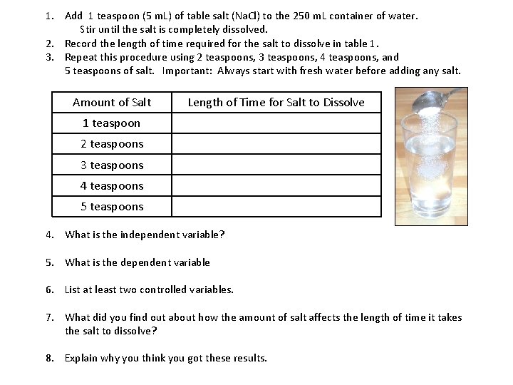 1. Add 1 teaspoon (5 m. L) of table salt (Na. Cl) to the