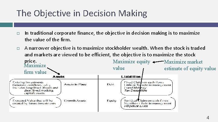 The Objective in Decision Making In traditional corporate finance, the objective in decision making