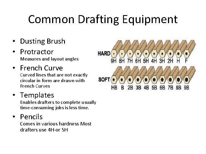Common Drafting Equipment • Dusting Brush • Protractor Measures and layout angles • French