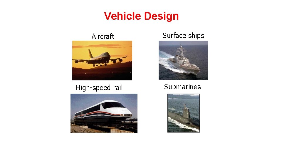 Vehicle Design Aircraft High-speed rail Surface ships Submarines 
