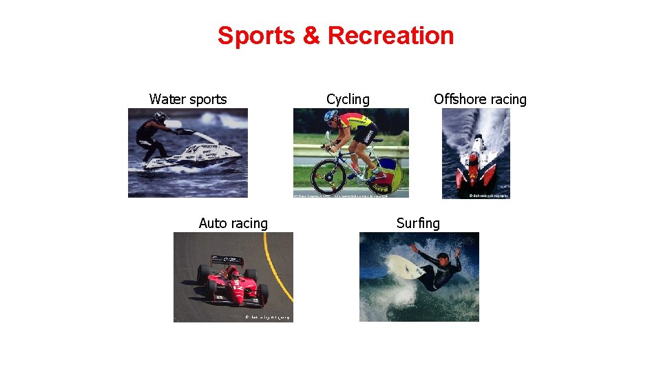 Sports & Recreation Water sports Auto racing Cycling Offshore racing Surfing 