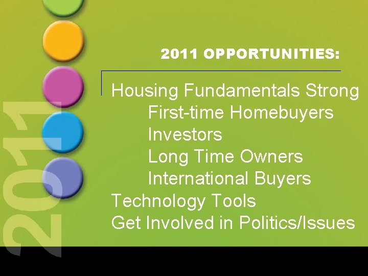 2011 OPPORTUNITIES: Housing Fundamentals Strong First-time Homebuyers Investors Long Time Owners International Buyers Technology