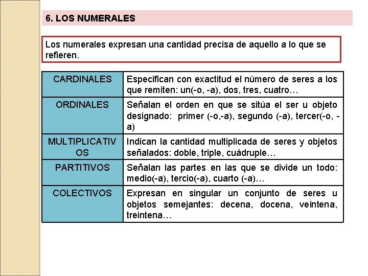 6. LOS NUMERALES Los numerales expresan una cantidad precisa de aquello a lo que