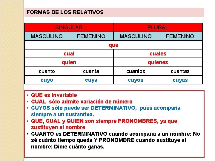 FORMAS DE LOS RELATIVOS SINGULAR MASCULINO PLURAL FEMENINO MASCULINO FEMENINO que cuales quienes cuanto