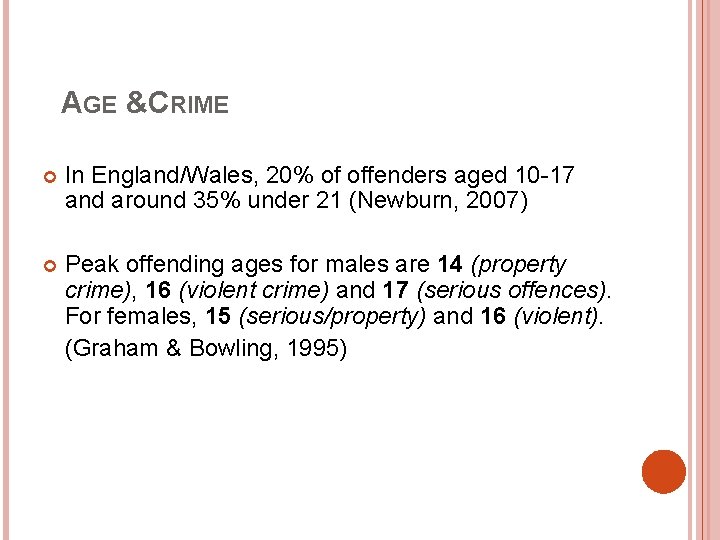 AGE &CRIME In England/Wales, 20% of offenders aged 10 -17 and around 35% under AGE &CRIME In England/Wales, 20% of offenders aged 10 -17 and around 35% under