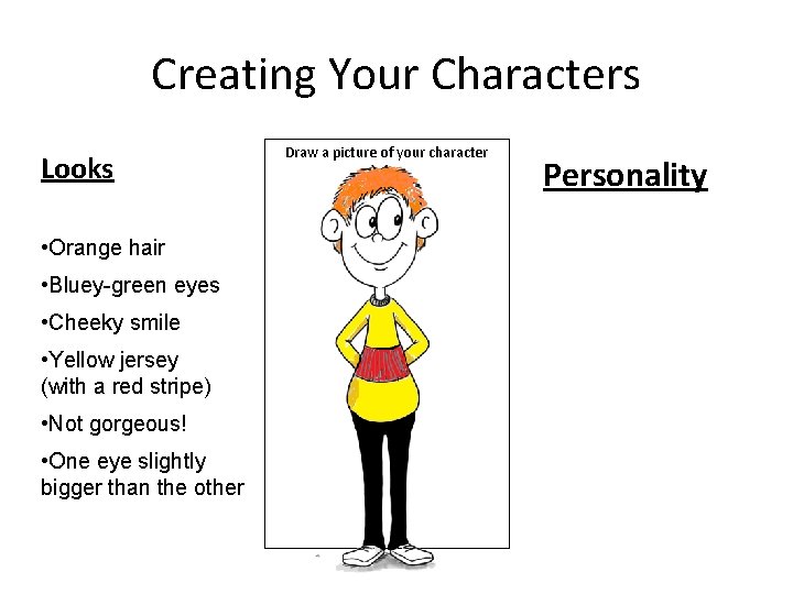 Creating Your Characters Looks • Orange hair • Bluey-green eyes • Cheeky smile •