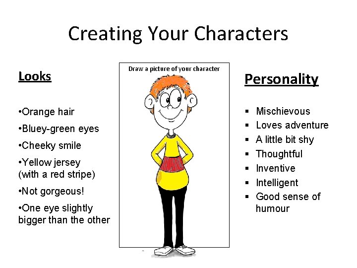 Creating Your Characters Looks • Orange hair • Bluey-green eyes • Cheeky smile •