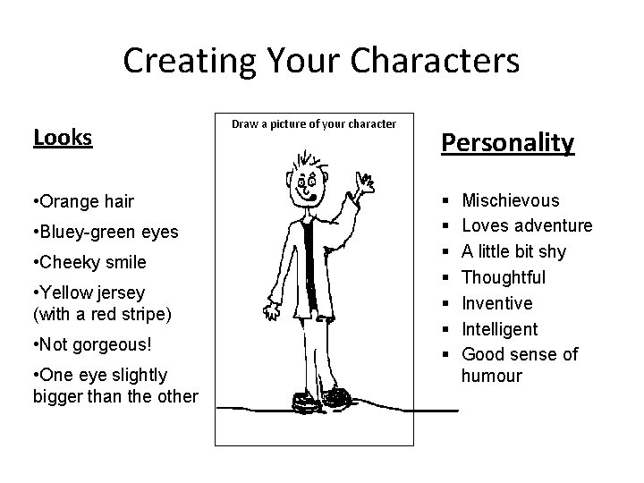 Creating Your Characters Looks • Orange hair • Bluey-green eyes • Cheeky smile •