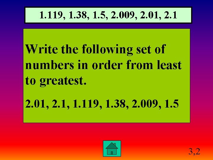 1. 119, 1. 38, 1. 5, 2. 009, 2. 01, 2. 1 Write the