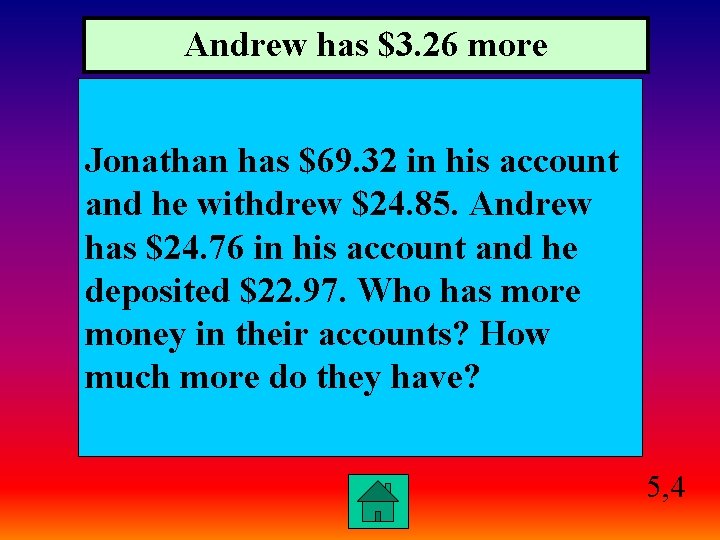 Andrew has $3. 26 more Jonathan has $69. 32 in his account and he