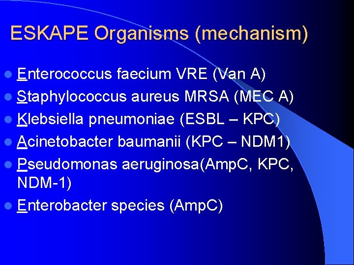 ESKAPE Organisms (mechanism) l Enterococcus faecium VRE (Van A) l Staphylococcus aureus MRSA (MEC