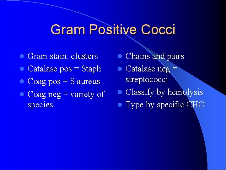 Gram Positive Cocci Gram stain: clusters l Catalase pos = Staph l Coag pos