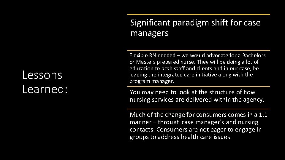 Significant paradigm shift for case managers Lessons Learned: Flexible RN needed – we would