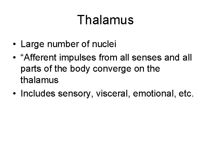 Thalamus • Large number of nuclei • “Afferent impulses from all senses and all