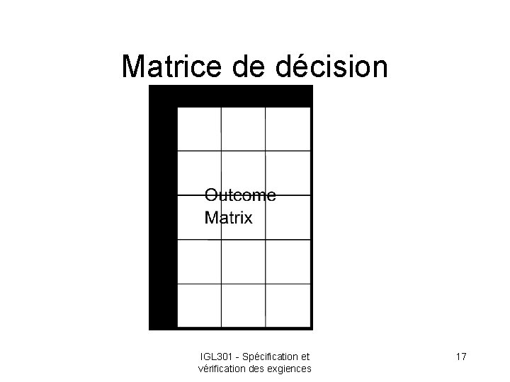 Matrice de décision IGL 301 - Spécification et vérification des exgiences 17 