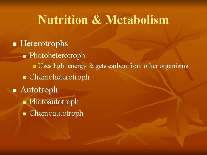 Nutrition & Metabolism n Heterotrophs n Photoheterotroph n n n Uses light energy &