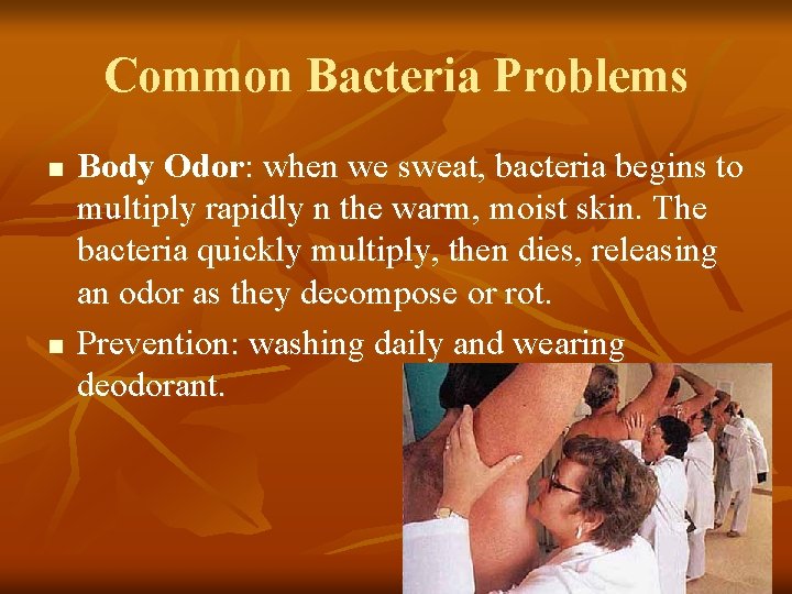 Common Bacteria Problems n n Body Odor: when we sweat, bacteria begins to multiply
