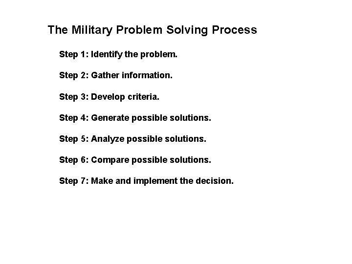 The Military Problem Solving Process Step 1: Identify the problem. Step 2: Gather information. The Military Problem Solving Process Step 1: Identify the problem. Step 2: Gather information.