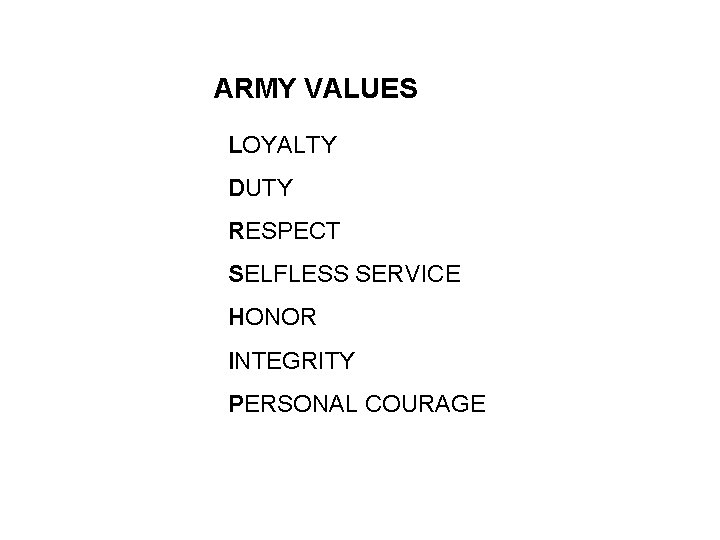 ARMY VALUES LOYALTY DUTY RESPECT SELFLESS SERVICE HONOR INTEGRITY PERSONAL COURAGE ARMY VALUES LOYALTY DUTY RESPECT SELFLESS SERVICE HONOR INTEGRITY PERSONAL COURAGE