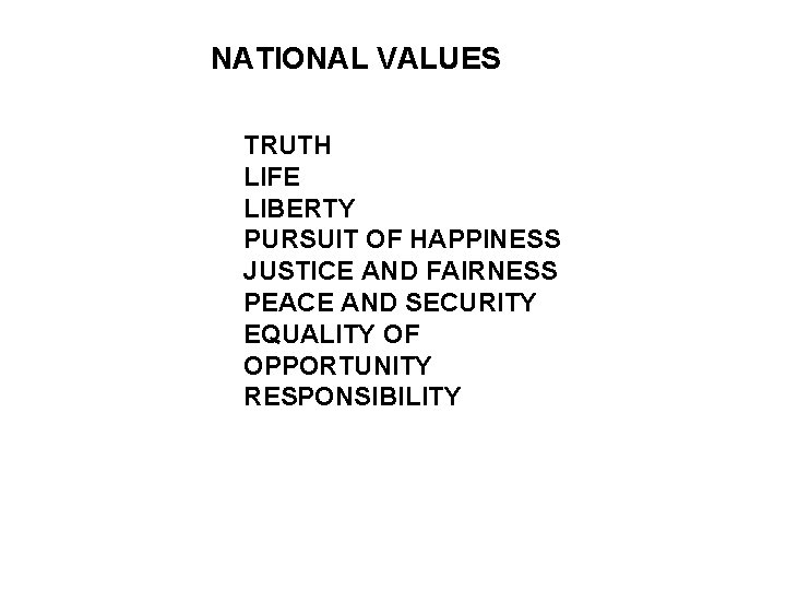 NATIONAL VALUES TRUTH LIFE LIBERTY PURSUIT OF HAPPINESS JUSTICE AND FAIRNESS PEACE AND SECURITY NATIONAL VALUES TRUTH LIFE LIBERTY PURSUIT OF HAPPINESS JUSTICE AND FAIRNESS PEACE AND SECURITY