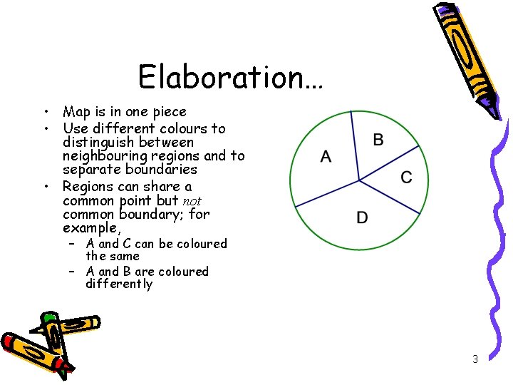 Elaboration… • Map is in one piece • Use different colours to distinguish between