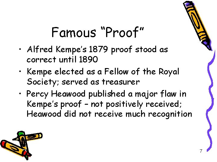 Famous “Proof” • Alfred Kempe’s 1879 proof stood as correct until 1890 • Kempe
