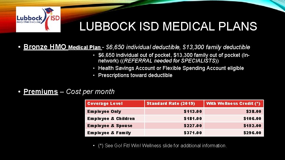 LUBBOCK ISD MEDICAL PLANS • Bronze HMO Medical Plan - $6, 650 individual deductible,