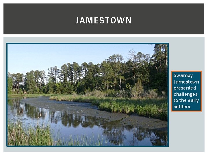 JAMESTOWN Swampy Jamestown presented challenges to the early settlers. 