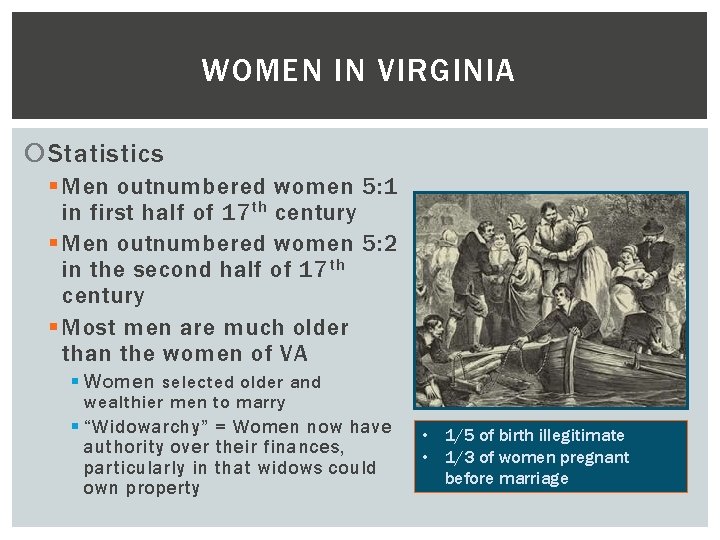 WOMEN IN VIRGINIA Statistics § Men outnumbered women 5: 1 in first half of