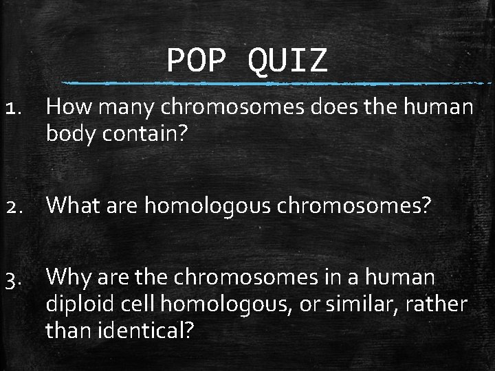 POP QUIZ 1. How many chromosomes does the human body contain? 2. What are