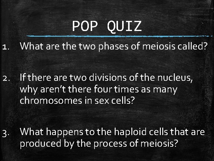 POP QUIZ 1. What are the two phases of meiosis called? 2. If there