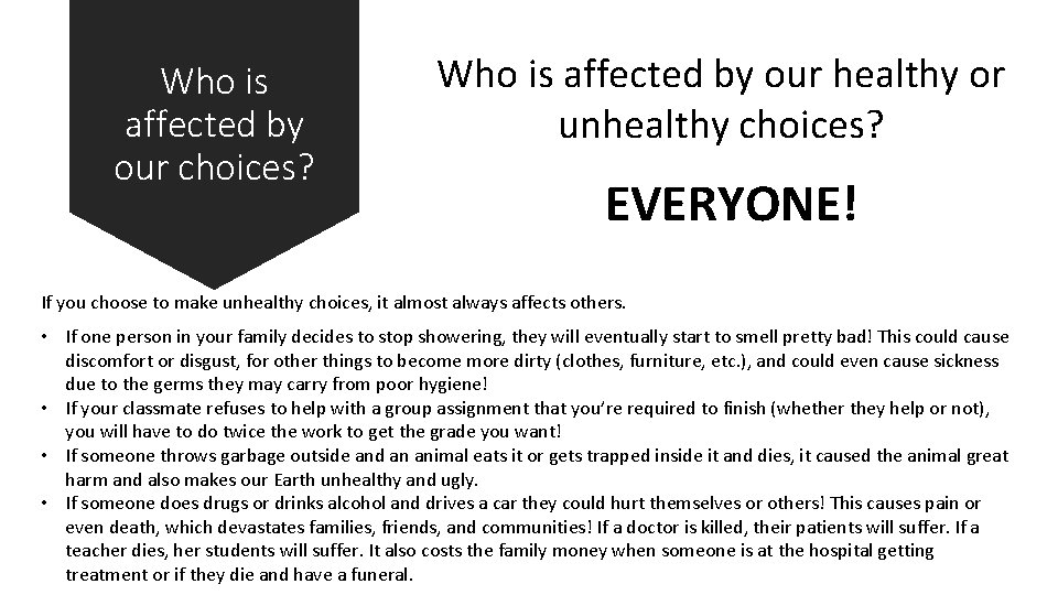 Who is affected by our choices? Who is affected by our healthy or unhealthy